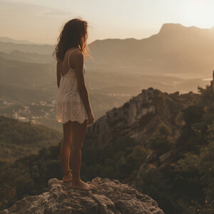 Photo of brunnette girl wearing white short sun dress standing o...