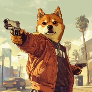 DOGE meme.,badass doge in GTA pointing a gun and holding another...