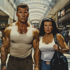 Realism art,A muscular man, glistening with sweat, walks with hi...