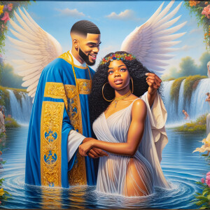 An oil painting depicting a light-skinned African-American pasto...