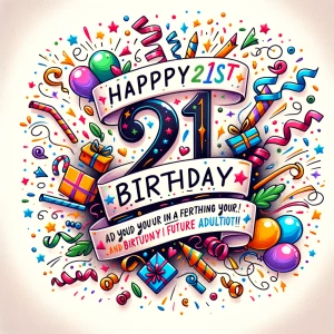 Design a cheerful 21st birthday greeting card for Maria highligh...