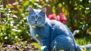 Blue-colored cat sitting calmly in a sunny garden.