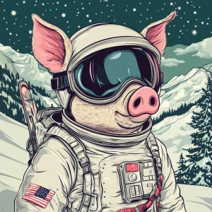 Cute cartoon pig in vintage white spacesuit and NASA style helme...