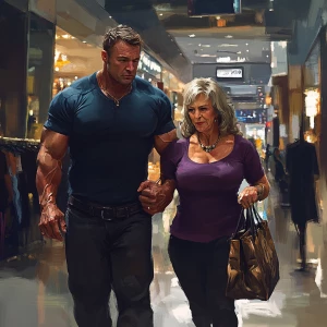 Realism style.A muscular, sweaty man walking with his 53 years...