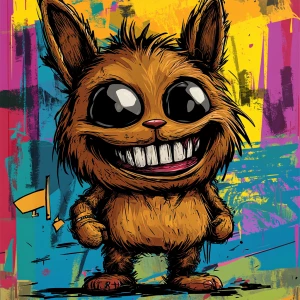 Stylized character portrait of a mischievous designer toy creat...