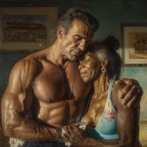 hyperRealism painting.a muscular sweaty american employer man ca...