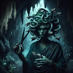 Create an image of Medusa holding shears, her snake hair express...