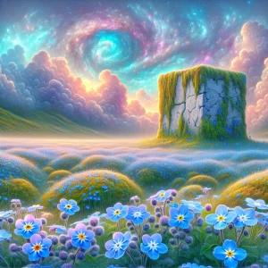 Pastel cartoon painting of a stone "ARTOPIA" monument surrounded...