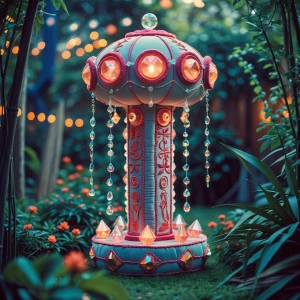 In the center of a lush garden, a plush whimsical teleportation...
