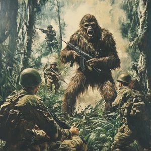 a humanoid hair coverederd sasquatch fighting 1969 us army men i...