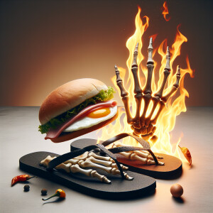 **Image Prompt: Skeleton Bone Hand Flip Flops**

**Setting and A...