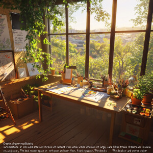 "Create a hyper-realistic scene of a cozy, sunlit art studio sur...