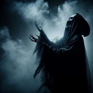 a grim reaper screaming while standing with his hands stretched...