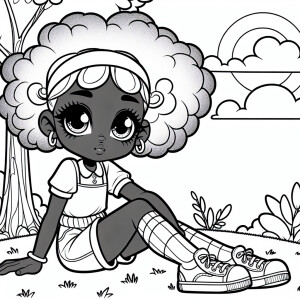 Simple Lines coloring book a girl sitting on the grass with her...