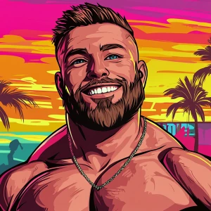 White muscular thin man with beard, big chin, smile and cheekbon...