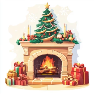 New Year's fireplace with a tree and gifts in carton style