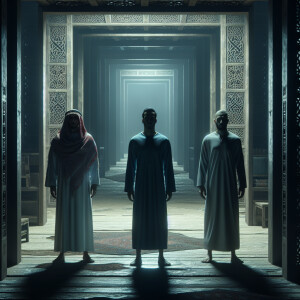 Two men and one woman standing in a maze of scary dark rooms