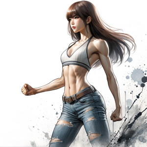 Athletic Thin skinny Attractive, Asian teenage girl, long brown hair and bangs, wearing tight skinny jeans and a halter top paint marks on her clothing, heroic pose Asian graffiti background, side view