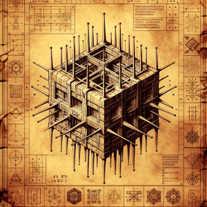 Aged parchment blueprint for a realistic cube with pointy poles...