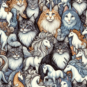 A pattern of cats and unicorns