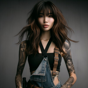 Thin Asian teen girl wearing tight jeans and a halter top Long brown hair and bangs, tattoos on her arms, athletic heroic pose