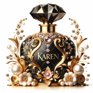 Design a fancy, black and gold bottle of perfume in the shape of a woman’s body. With a golden diamond top, flowers pearls and Diamonds in the name, Karen