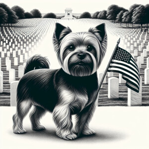 Black and white illustration of Yorkie with American flag at Arl...
