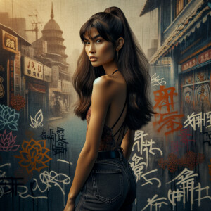 Athletic Thin skinny Attractive, Asian teenage girl, long brown hair and bangs, wearing tight skinny jeans and a halter top paint marks on her clothing, heroic pose Asian graffiti background, backside view