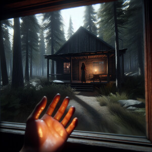 I am walking toward a wood cabin house located in middle of a fo...