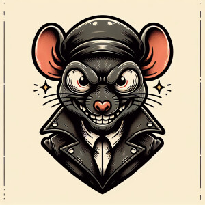 An evil cartoonish rat with bulging eyes, wearong leather in a o...