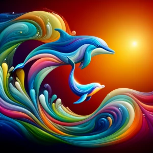 Colorful Dolphin and whale in love in shining water