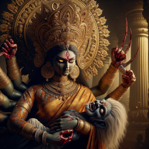 portrait of angry looking goddess durga sitting on a gold crown and carrying a weak mahishasur on her lap and poking him with her amazingly long red fingernails. She is covered in blood. The scene is set in ancient India. The image is 8K resolution, cinematic, photography, ultra detailed face and epic.