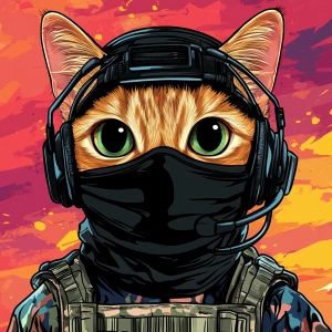 A wide-eyed ginger cat wearing a black tactical balaclava (or ma...
