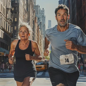 Hyperrealistic painting, a muscular, perspiring man jogging alon...