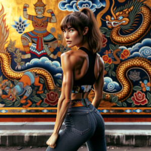 Athletic Thin skinny Attractive, Asian teenage girl, long brown hair and bangs, wearing tight skinny jeans and a halter top paint marks on her clothing, heroic pose Asian graffiti background, backside view