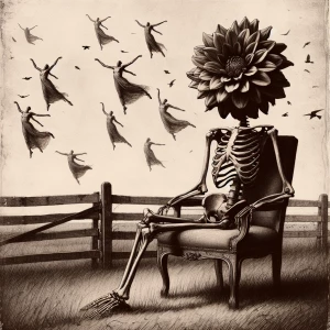 A skeleton with a large black dahlia for a head is sitting on an...