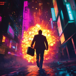 , holding a briefcase stuffed with glowing crypto coins — dramat...