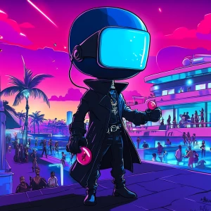 Create an image of a cartoon character with an oversized blue he...