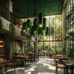 Tropical forest and  stone indoor outdoor restaurant with huge c...