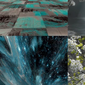 White flowering tree. music notes, glitch, oozing cosmic oily li...