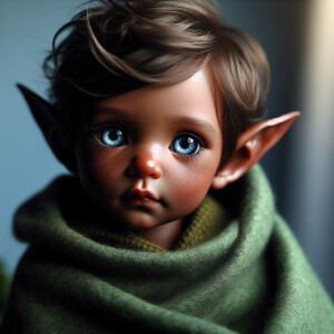 An elven baby with dark brown skin, blue eyes, and blonde hair.