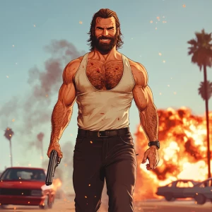 White muscular thin man with beard, big chin, smile and cheekbon...