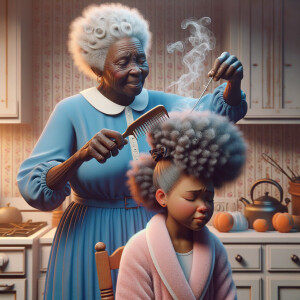 Create a realistic 3-D image of an african-American grandmother wearing a blue house dress and a white apron . She is in the kitchen with her african-American granddaughter. Her granddaughter is wearing a pink bath robe. The grandmother has a hot comb in her hand and she is straightening her granddaughters hair. One side of her granddaughters hair is in  a Afro the other straight 
There is smoke coming from the hot comb
The granddaughter is making a face