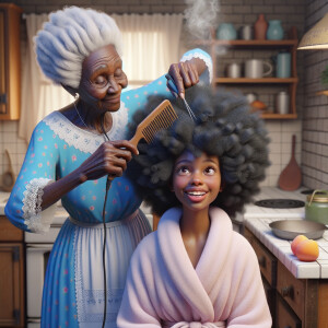 Create a realistic 3-D image of an african-American grandmother wearing a blue house dress and a white apron . She is in the kitchen with her african-American granddaughter. Her granddaughter is wearing a pink bath robe. The grandmother has a hot comb in her hand and she is straightening her granddaughters hair. One side of her granddaughters hair is in  a Afro the other straight 
There is smoke coming from the hot comb
The granddaughter is making a face