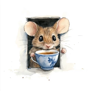 Mouse peeking out of a  small open darker 
door way, watercolor...