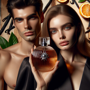 Young woman and man holding up-close of their face a bottle of p...