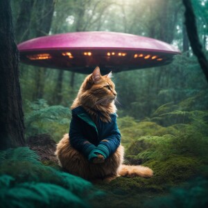 A serene cat sitting beside an extraterrestrial being in a peace...