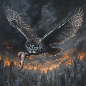 Great Grey Owl in flight over a cemetery at night, its expansive...