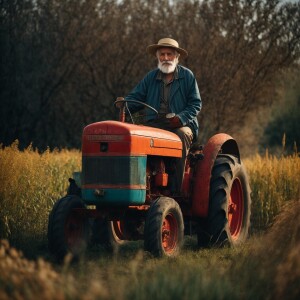 old man in a field with a walk-behind tractor
