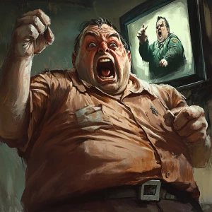 A portly prison warden with an expression of intense anger and g...